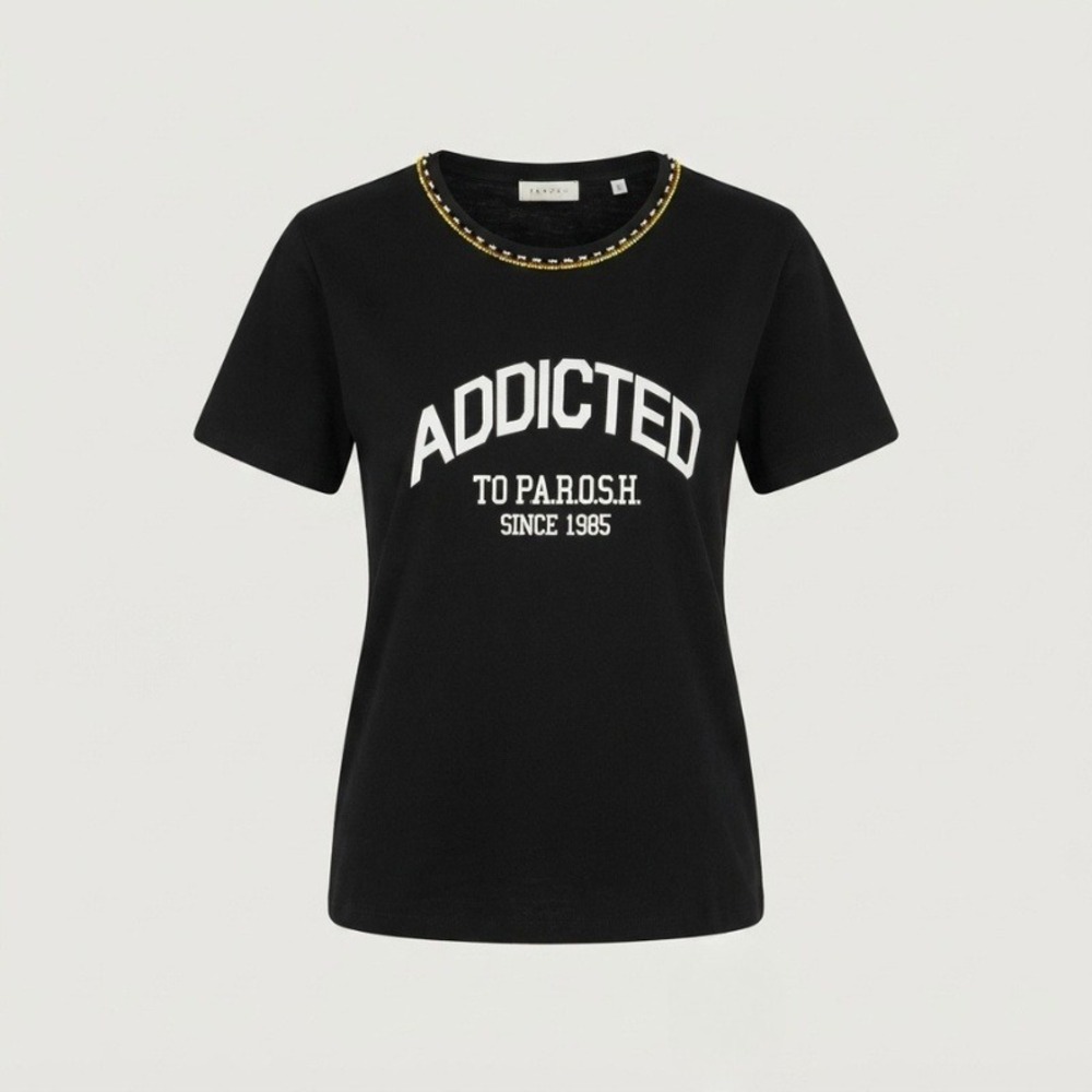 P.A.R.O.S.H. Addicted To Parosh Beaded Neckline Graphic T-Shirt Black Small NWT